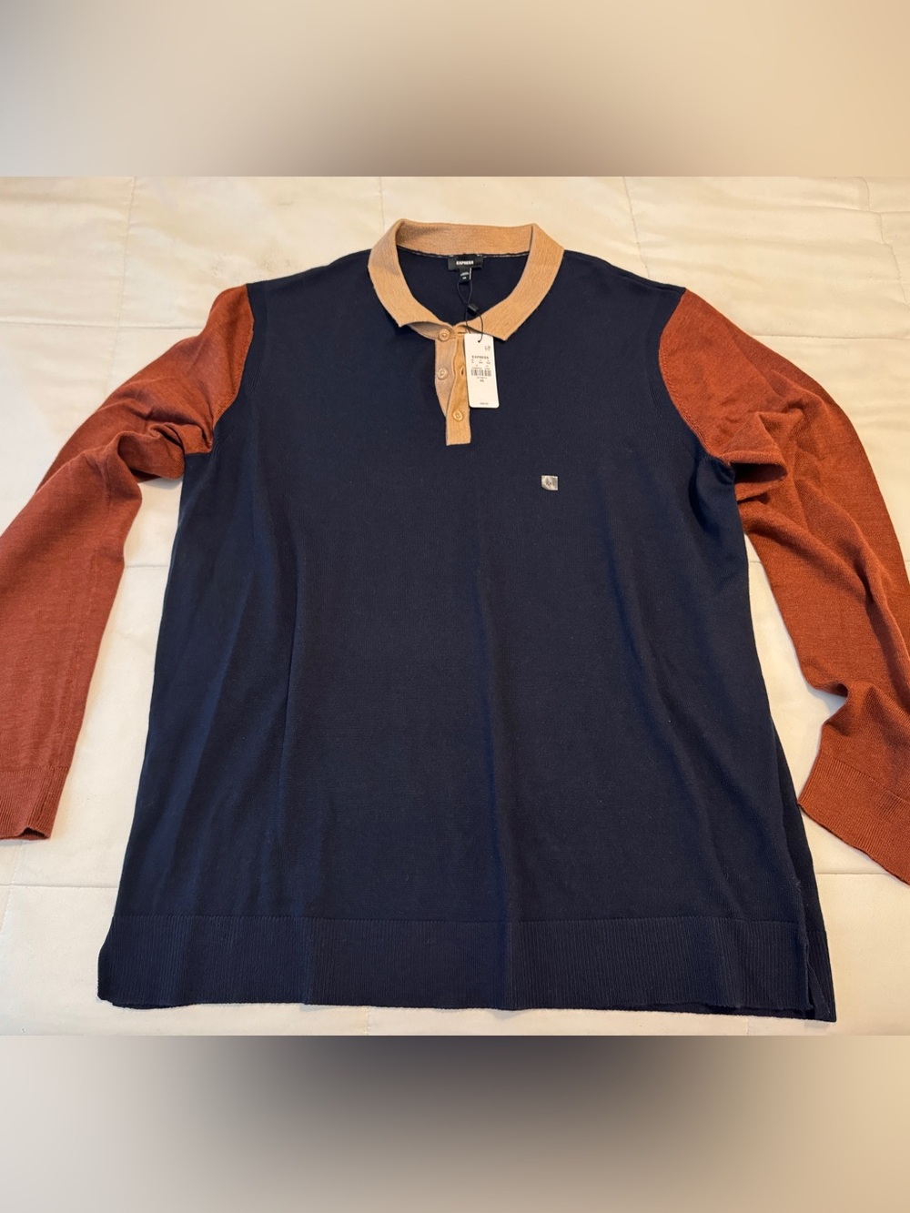 Men’s Express Navy Polo with Tan Collar and Placket- XXL